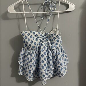 Hollister Blue and White Floral Top